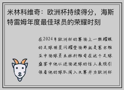 米林科维奇：欧洲杯持续得分，海斯特雷姆年度最佳球员的荣耀时刻