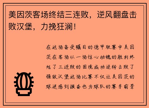美因茨客场终结三连败，逆风翻盘击败汉堡，力挽狂澜！