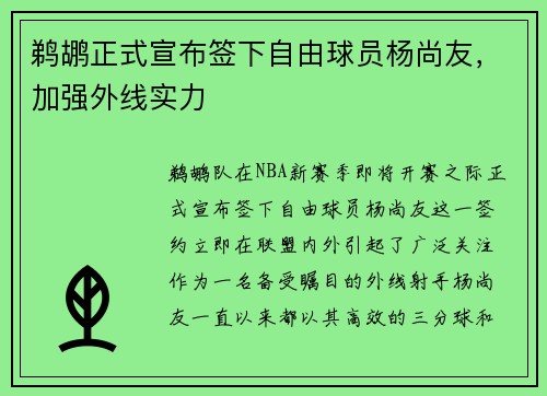 鹈鹕正式宣布签下自由球员杨尚友，加强外线实力